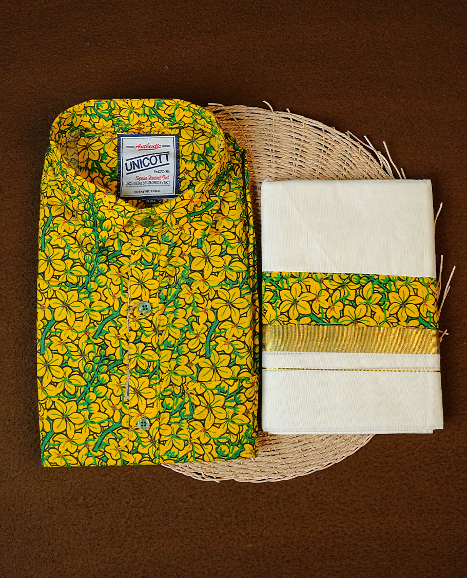 Kanikkonna Printed Full-Sleeve Shirt, Paired with a Cotton Double Dhoti Featuring Matching Prints.