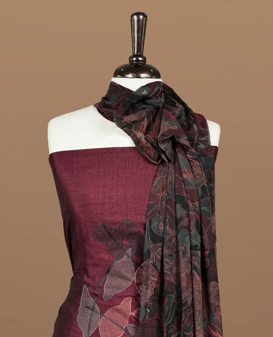 Dark red colour churidar material featuring thread & sequins Worked pattern on body, comes with matching bottom and dupatta.