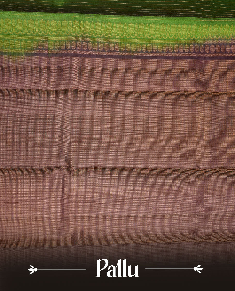 Green colour soft silk saree featuring elegant gold zari stripes across the body, complemented by a contrast burgundy with peacock buttas on border, and paired with a matching blouse piece.