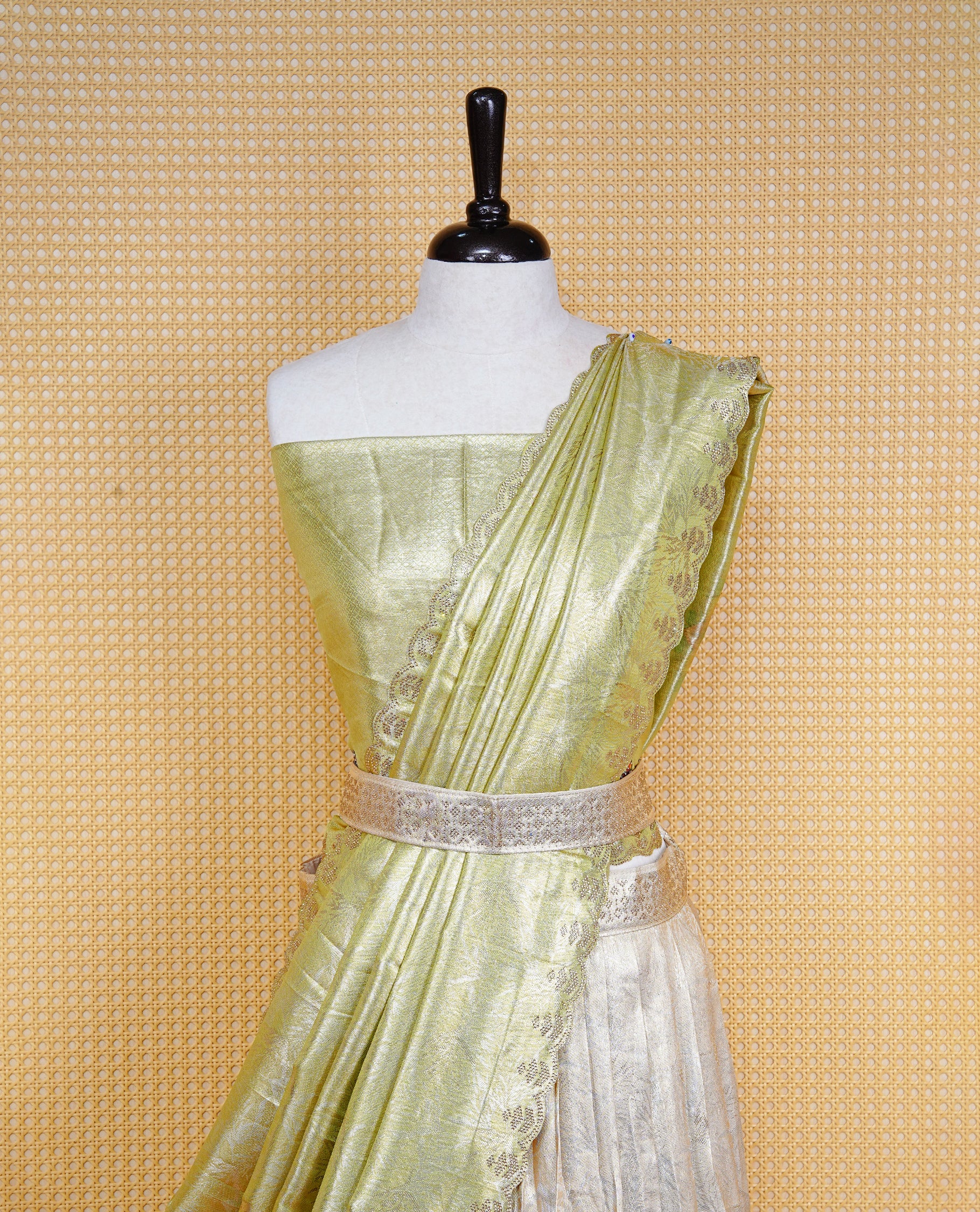 Light gold & Light Green Semi Stitched Dhavani Set Light Gold Skirt With Floral Pattern With Stone Worked Border, Paired with Unstitched Blouse, Elegant Dupatta For Prefect look.