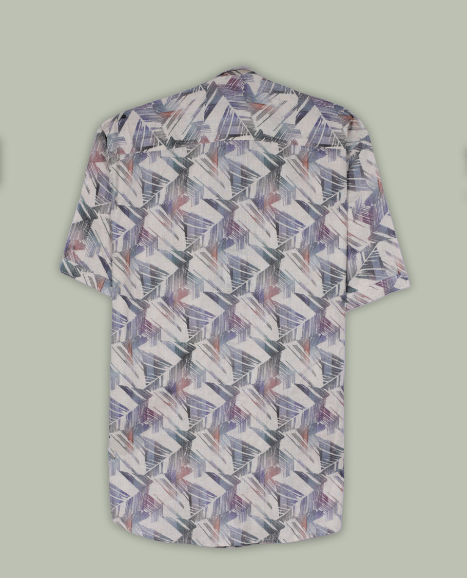 Off white colour shirt with multicolour geometric prints, featuring short sleeves and a classic collar, A stylish and lightweight pick, perfect for casual outings and summer wear.