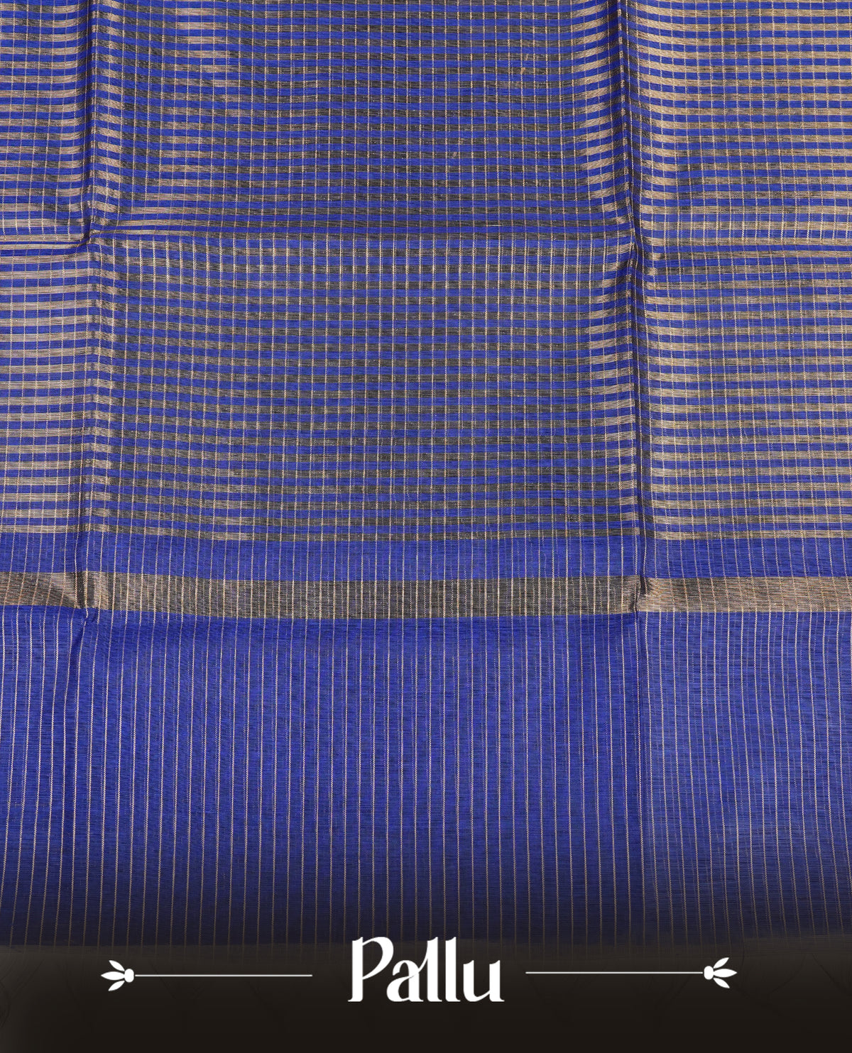 Navy blue colour Maheshwari cotton saree, gold zari small checks on body, complement self colour gold zari temple design border comes with matching blouse.