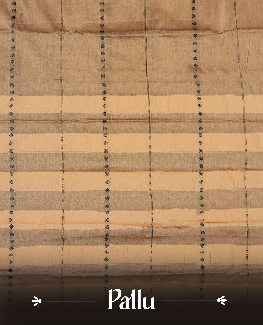 Sandstone colour Narayanapattu cotton saree featuring a Black colour stripped body, contrast Black colour with Cream zari border and pallu, pairing a matching blouse piece.