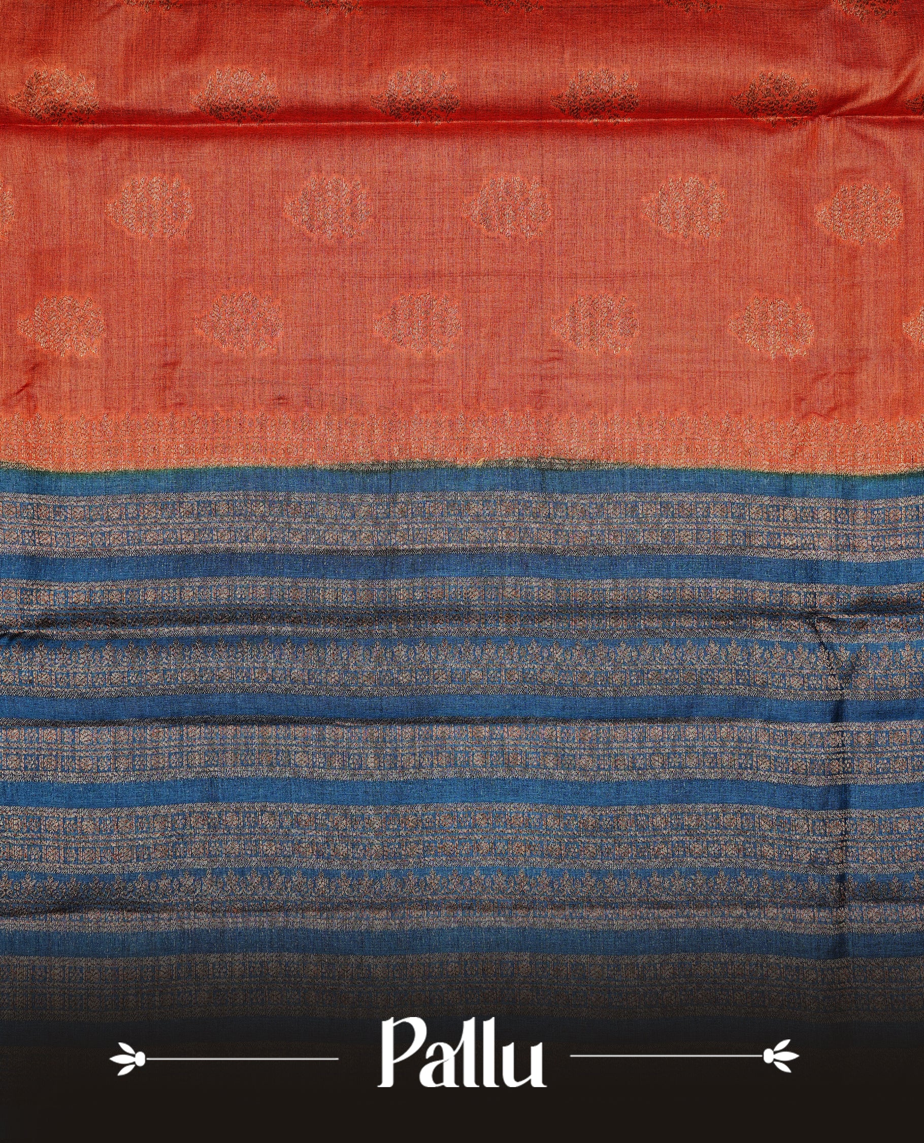 Rust orange colour pure tussar Banaras silk saree featuring elegant gold zari motifs across the body, complemented by a contrast teal border with rich zari detailing. Comes with a matching blouse piece