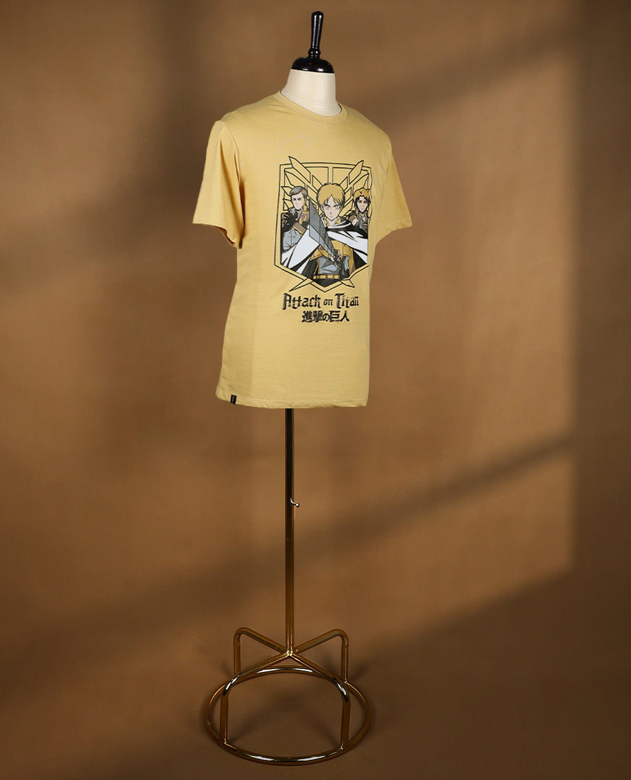 Mustard colour men's T shirt featuring bold anime character print with Japanese text, made from soft fabric with half sleeves and a crew neck for a stylish and comfortable fit