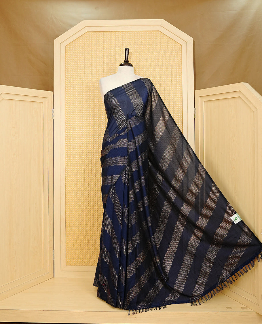 Navy Blue colour Vijitra silk Saree Featuring Leheriya style gold Printed body, complemented by contrast pallu & tassels