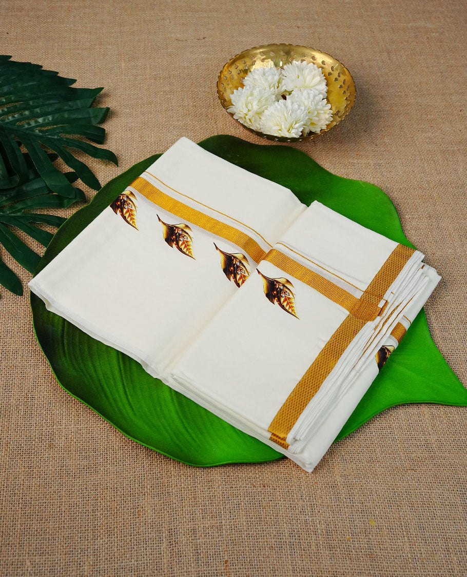 Cream Colour Cotton Double Dhoti Finished With A Classic Gold Kasav & Digital Print Kara