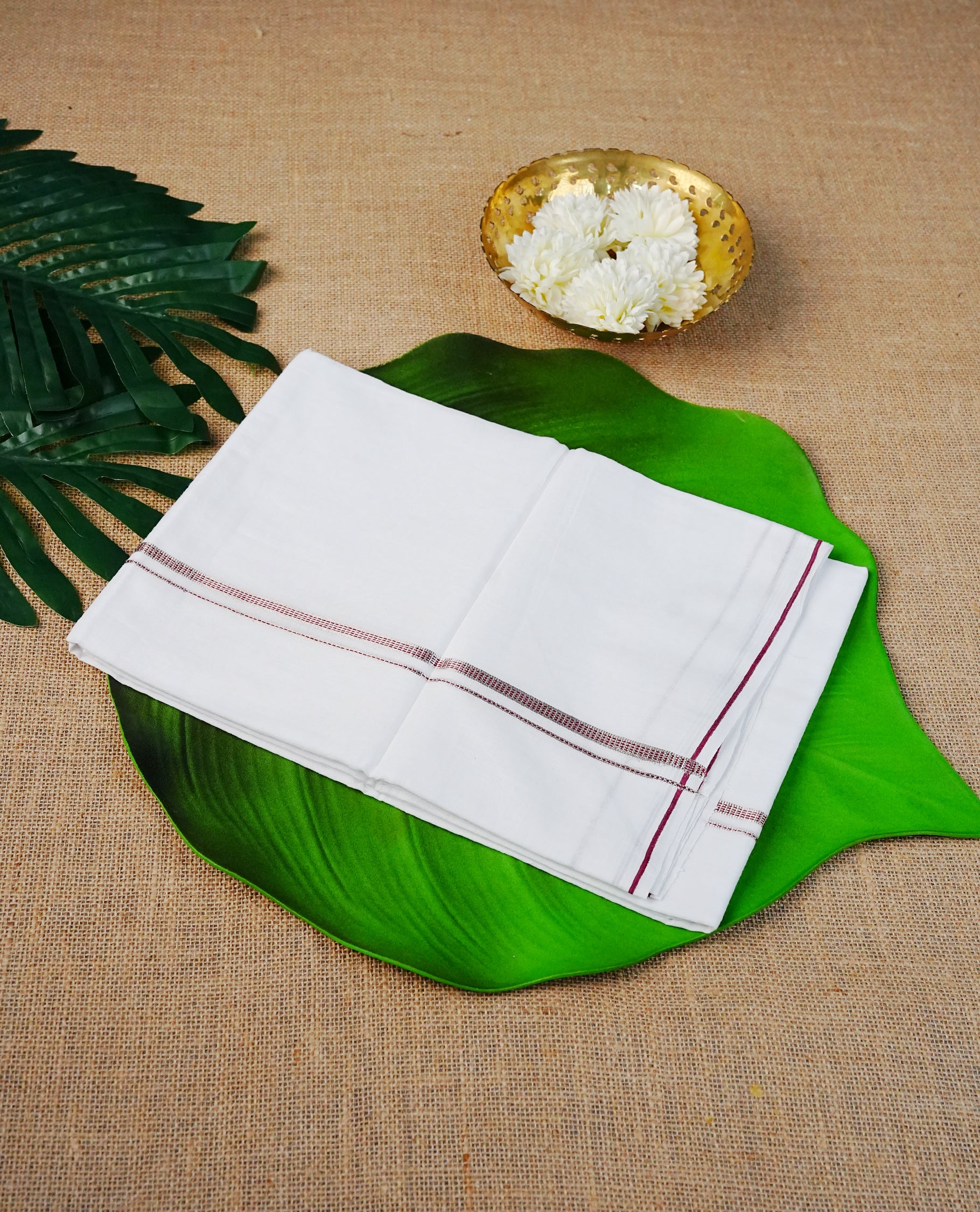 Cream Colour Cotton Double Dhoti Finished With A Classic Simple Silver & red Stripe Kara.