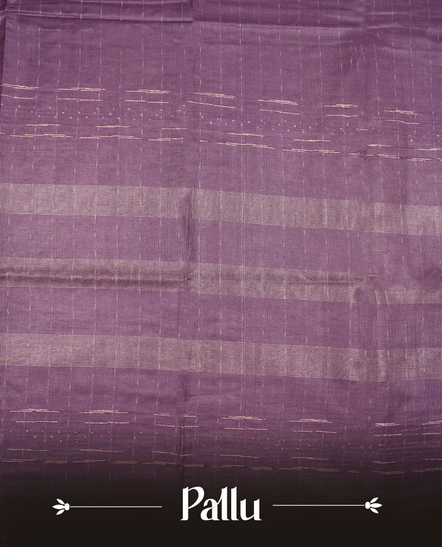 Purple colour semi jute saree highlighting gold zari striped body, without border and paired with matching blouse.