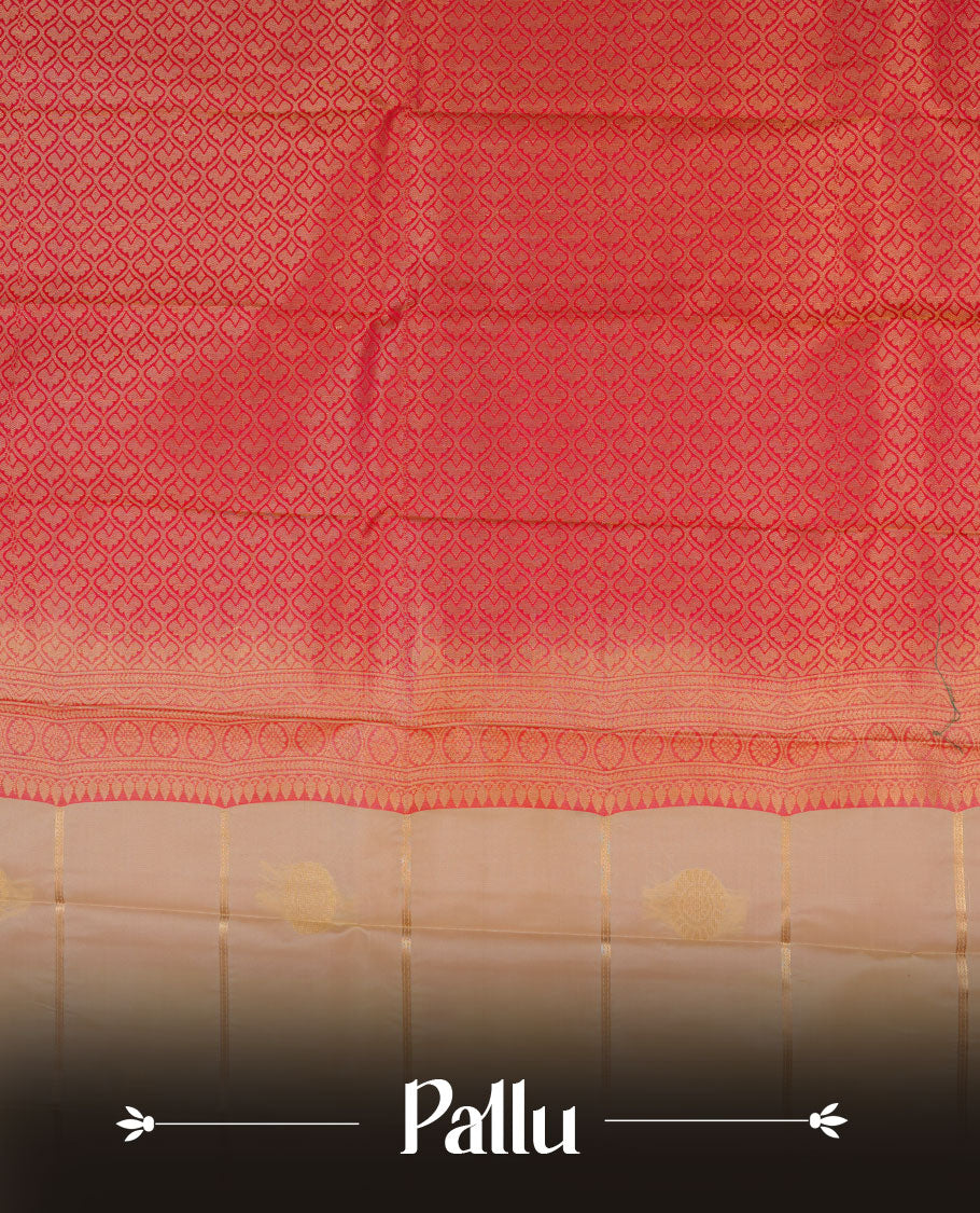 Cream colour semi silk saree highlighting gold zari strip pattern and motifs across body, featuring contrast pink colour border with gold zari pattern, comes with matching blouse .