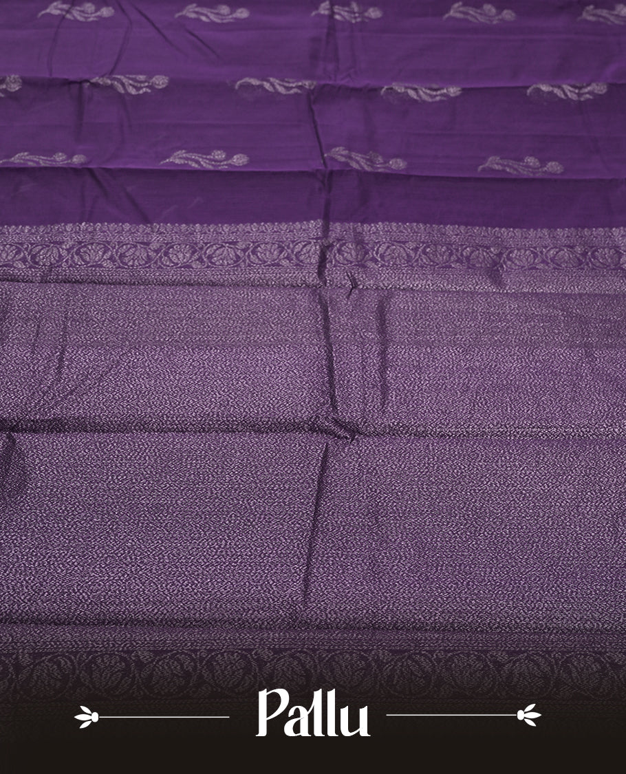Dark Purple Colour Silk Cotton Saree with Dark Silver Floral Butta Body, Contrasting Dark Silver Zari Pallu & Border, Floral Vine Motifs, and Matching Plain Woven Blouse Piece
