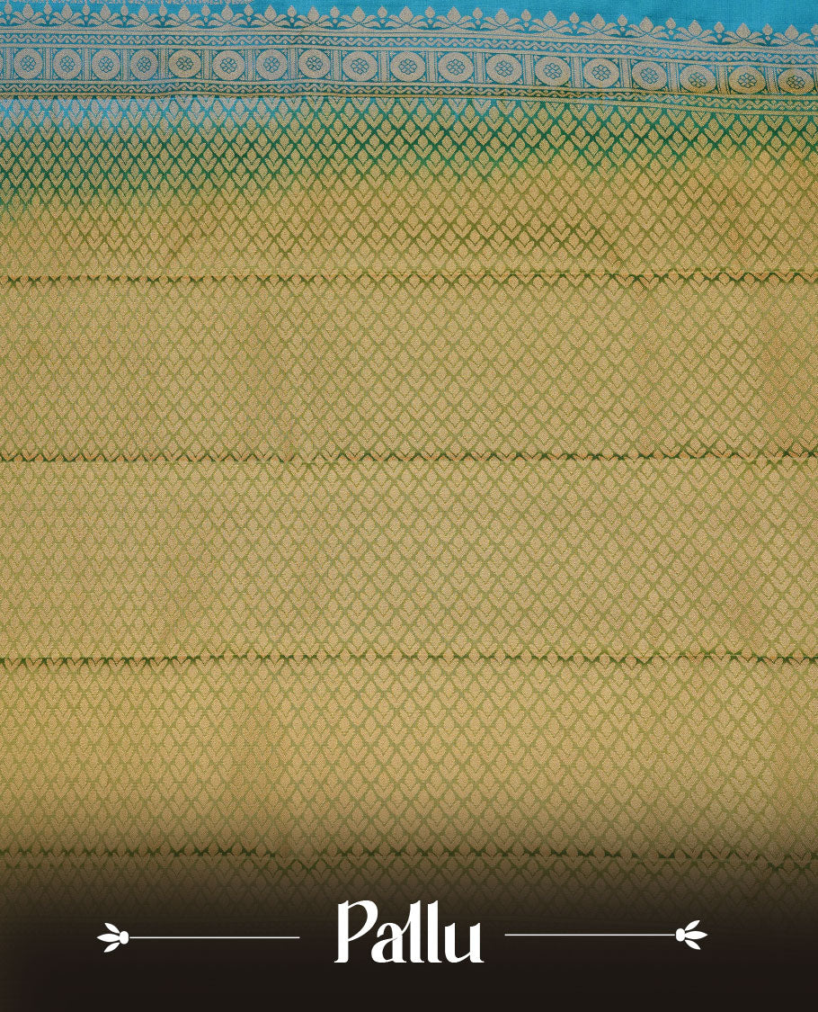 Olive & blue double shade colour soft silk saree featuring Gold zari motifs on body, complemented by self colour with traditional border, paired with matching contrast blouse piece.