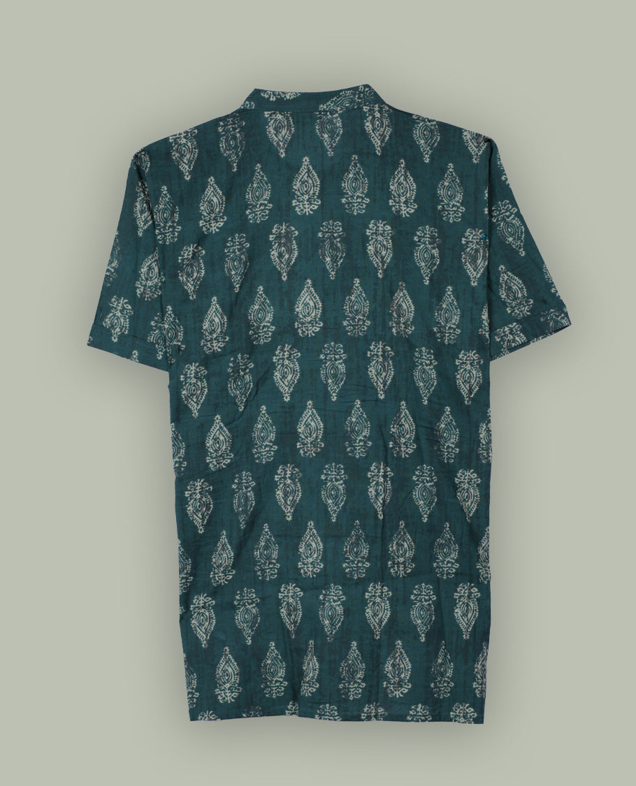 Teal colour shirt featuring traditional off white handblock motifs all over & Styled with a chinese collar, short sleeves, and stylish buttons.