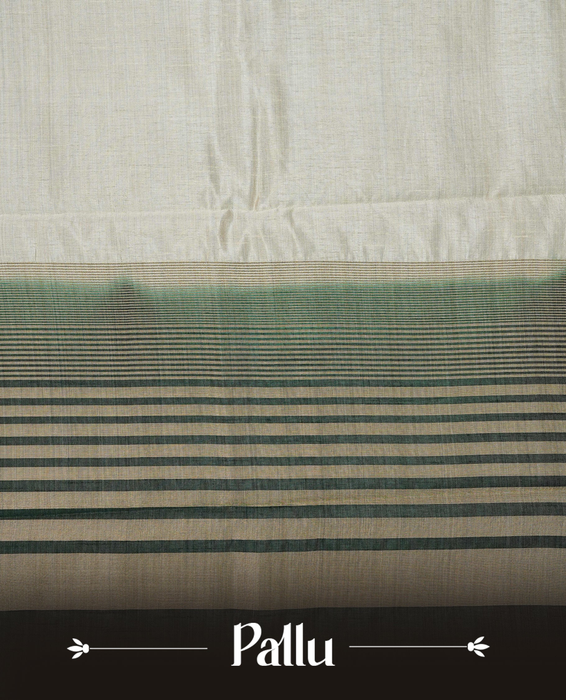 Light gold tussar saree featuring Elegant plain body, complemented by contrast Bottle green colour with Gold zari Floral kodi with Peacock Pattern border, comes with matching blouse piece.