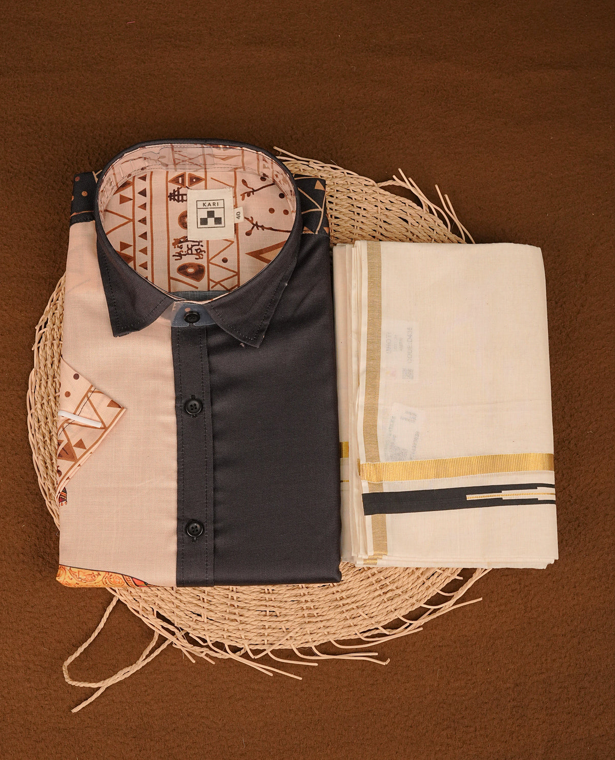 Black & cream colour shirt featuring printed Patterned body, paired with cream colour double dhoti featuring Gold zari with black border.