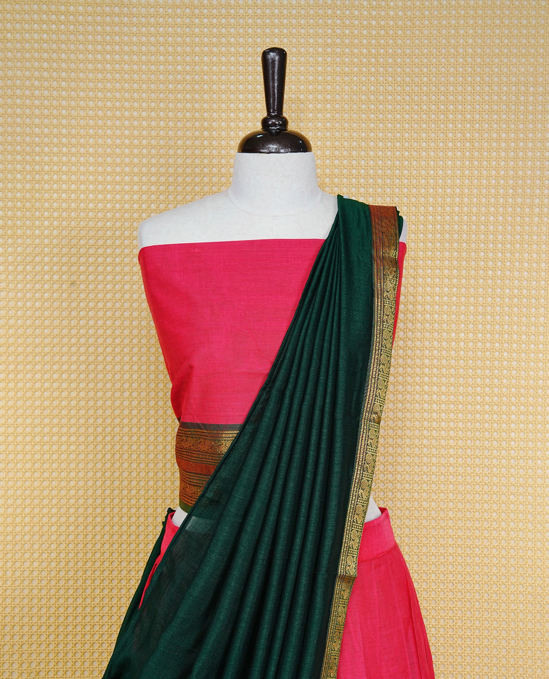 Red colour Semi Stitched Dhavni set Featuring Red Skirt With Contrast Green colour with Zari border, paired with UnStitched Blouse & Elegant Dupatta.