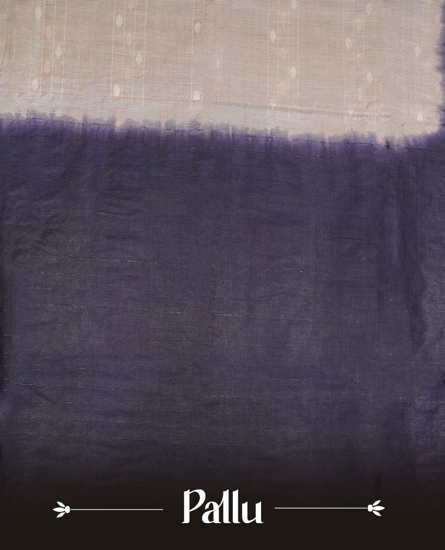 Cream & Dark blue dye pattern colour semi jute saree highlighting white stripped body, without border and paired with matching blouse.