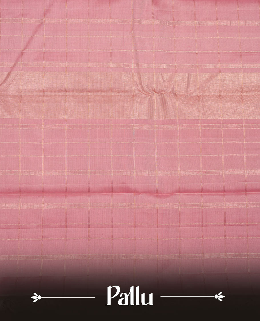 Dusty Pink colour pure traditional Kancheepuram silk saree adorned with gold zari Checks across the body, featuring simple borders, beautifully paired with a matching blouse piece.
