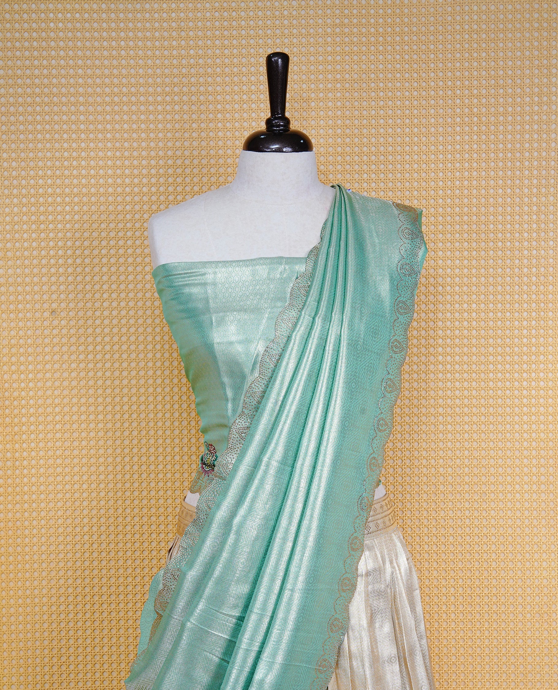 Light gold & Light Mint Semi Stitched Dhavani Set Light Gold Skirt With Floral Pattern & Stone Worked Border, Paired with Unstitched Blouse, Elegant Dupatta For Prefect look.