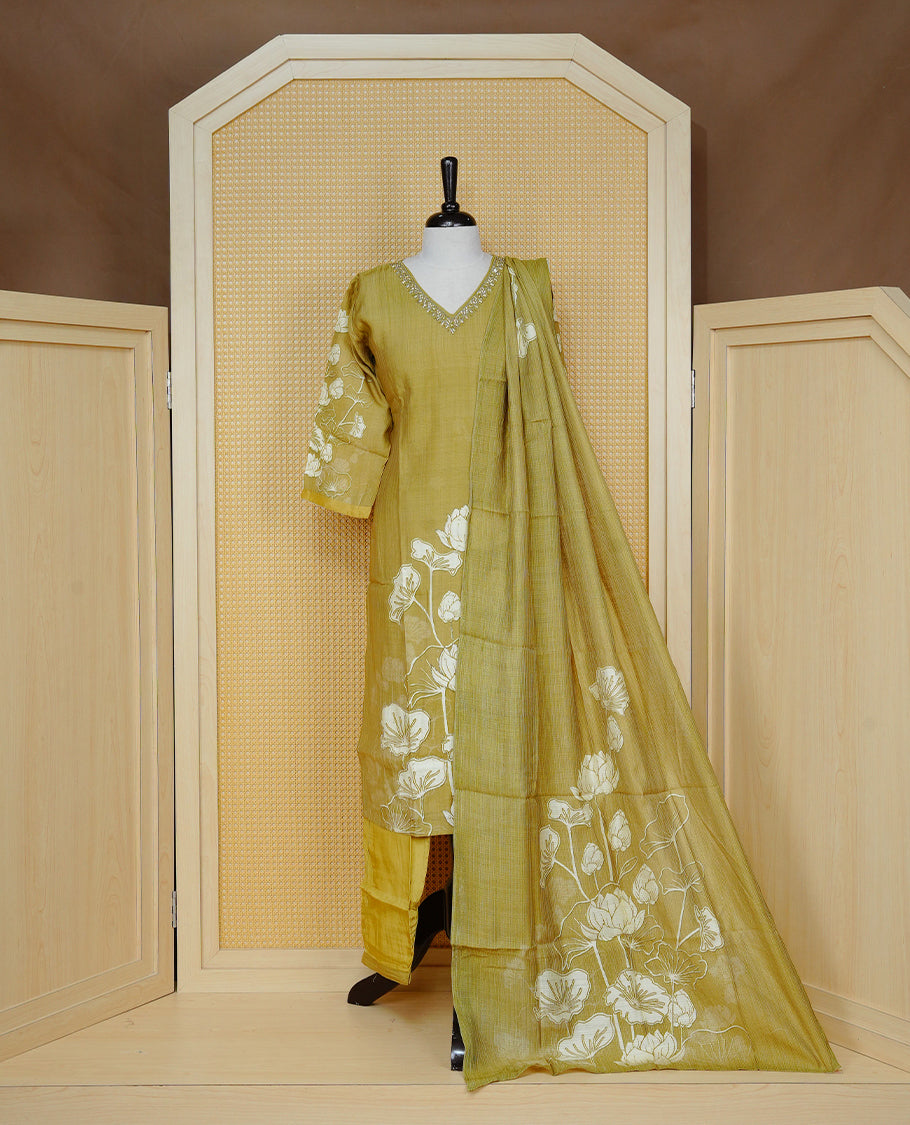 Olive green colour churidar set with a Stone & Bead Work on the V-neckline, floral printed sleeves , paired with a matching floral printed woven dupatta and solid pants.