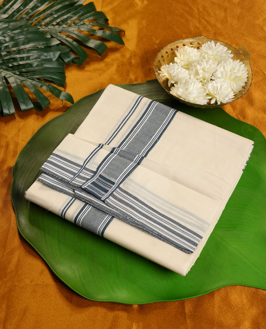 Cream Colour MCR Pure Cotton double Dhoti with dark Teal Colour Border for Men