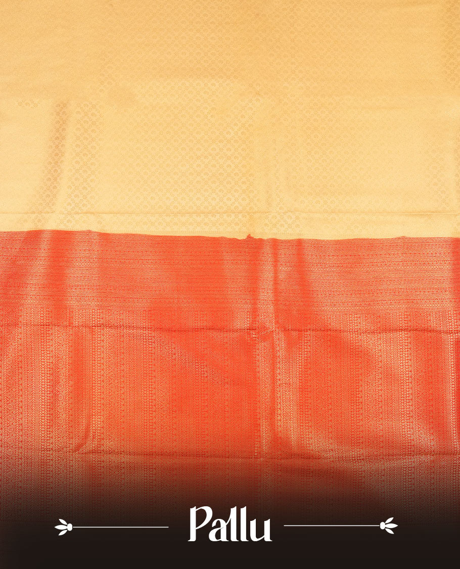 Cream colour semi silk brocade saree featuring intricate Gold Floral in square kodi patterns across the body, complemented by a contrast Red colour woven border and pallu, paired with a matching blouse.
