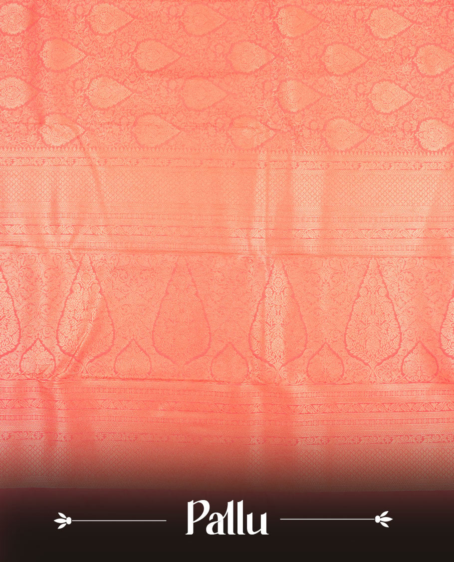 Pink colour semi silk brocade saree featuring intricate Gold Floral kodi patterns across the body, complemented by a self colour woven border and pallu, paired with a matching blouse.