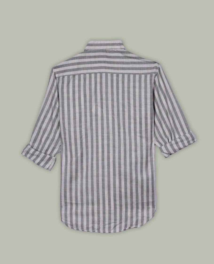 Beige and grey colour striped shirt in soft cotton, featuring vertical lines for a sleek, timeless look, Designed with a classic collar and full sleeves, it blends effortless style with everyday comfort.