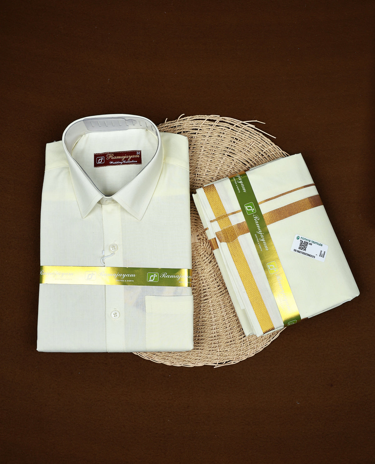 Light Yellow colour RAMAJAYAM shirt paired with a matching dhoti, finishing with a Light Gold Border