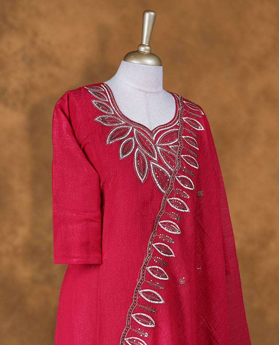 Red colour churidar set featuring thread and embroidered Leaf pattern neckline, sleeves, and thread embroidery on body , Paired with a matching dupatta