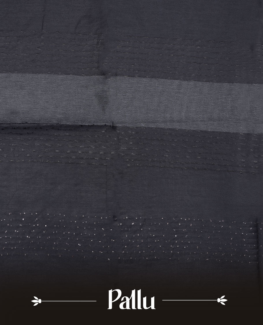 Dark blue colour semi jute saree highlighting white thread motifs on body, without border and paired with matching blouse.