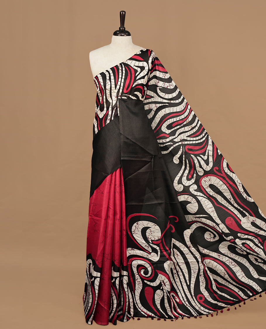 Red With Black Colour Khadi silk saree Featuring Abstract Print Patterned & Curved Wave Like Line Detailed Body, Paired with matching blouse piece.