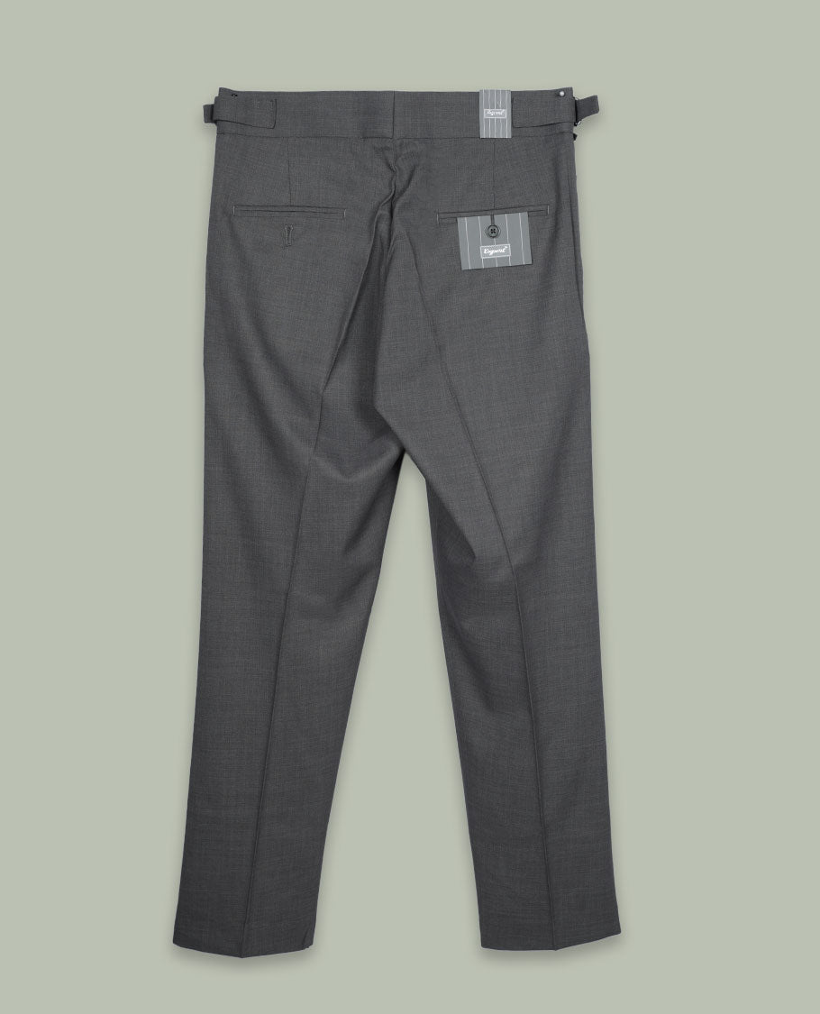 Charcoal grey colour men’s pant featuring a clean waistband with side buckle adjusters, neat front pleats, slant pockets and back welt pockets, finished with a straight leg fit.