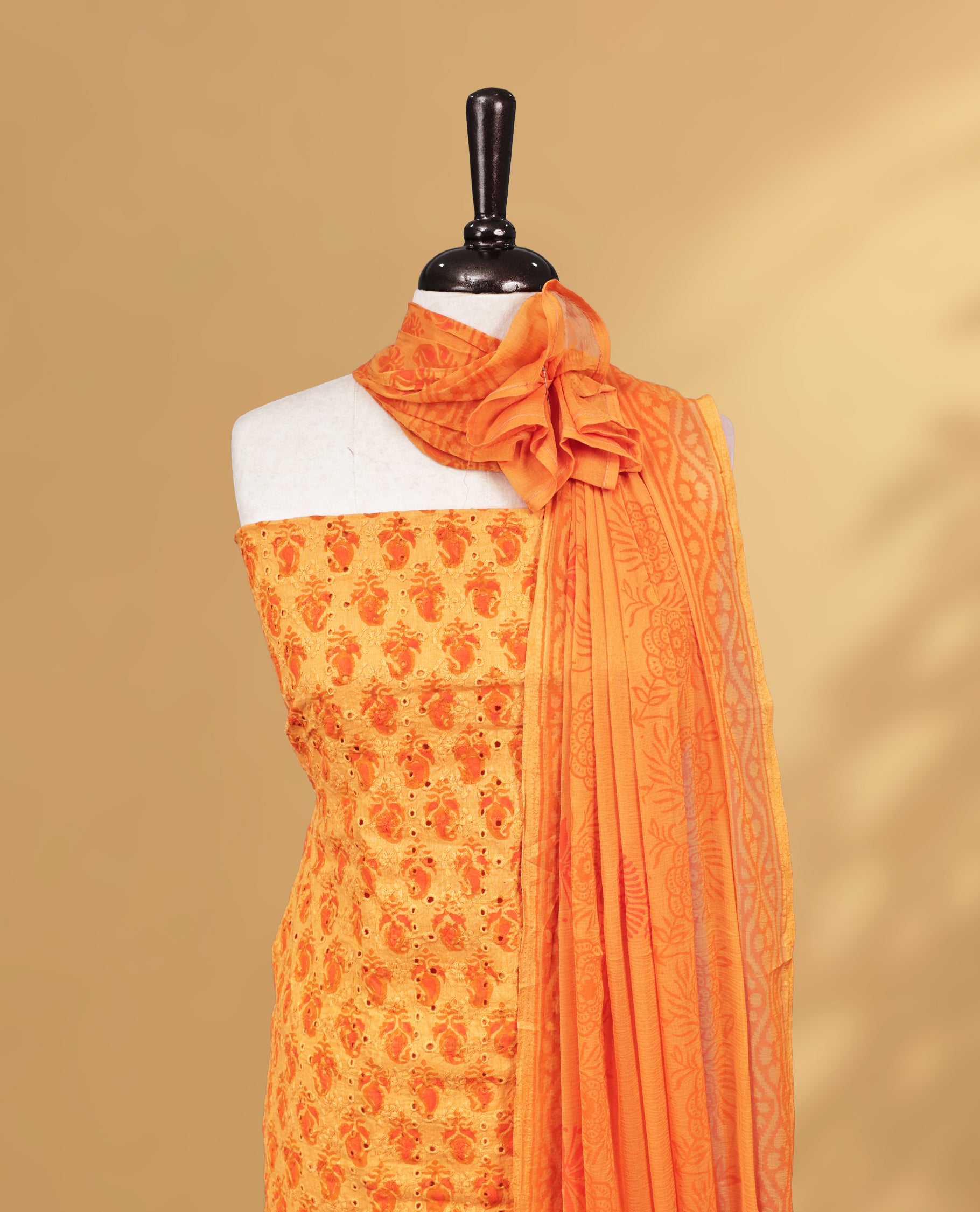 Orange Colour Salwar Material Featuring Thread & Hokoda, Mango print Work On Body, paired with matching bottom & Dupatta.