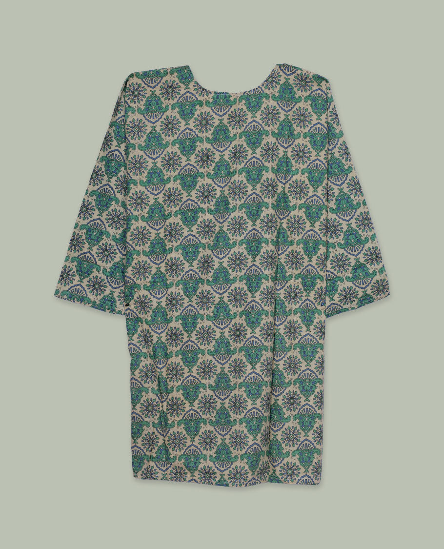 off-white colour printed top featuring an all-over teal ethnic motif print, a round neckline, and a short front button placket.