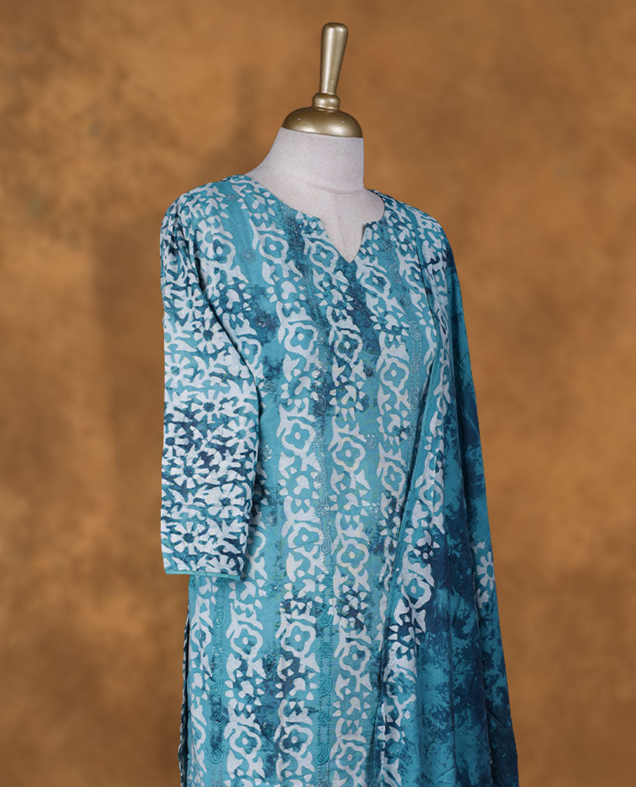 Aqua blue colour churidar set featuring V neckline, sleeves, and White printed pattern on body , Paired with a matching dupatta