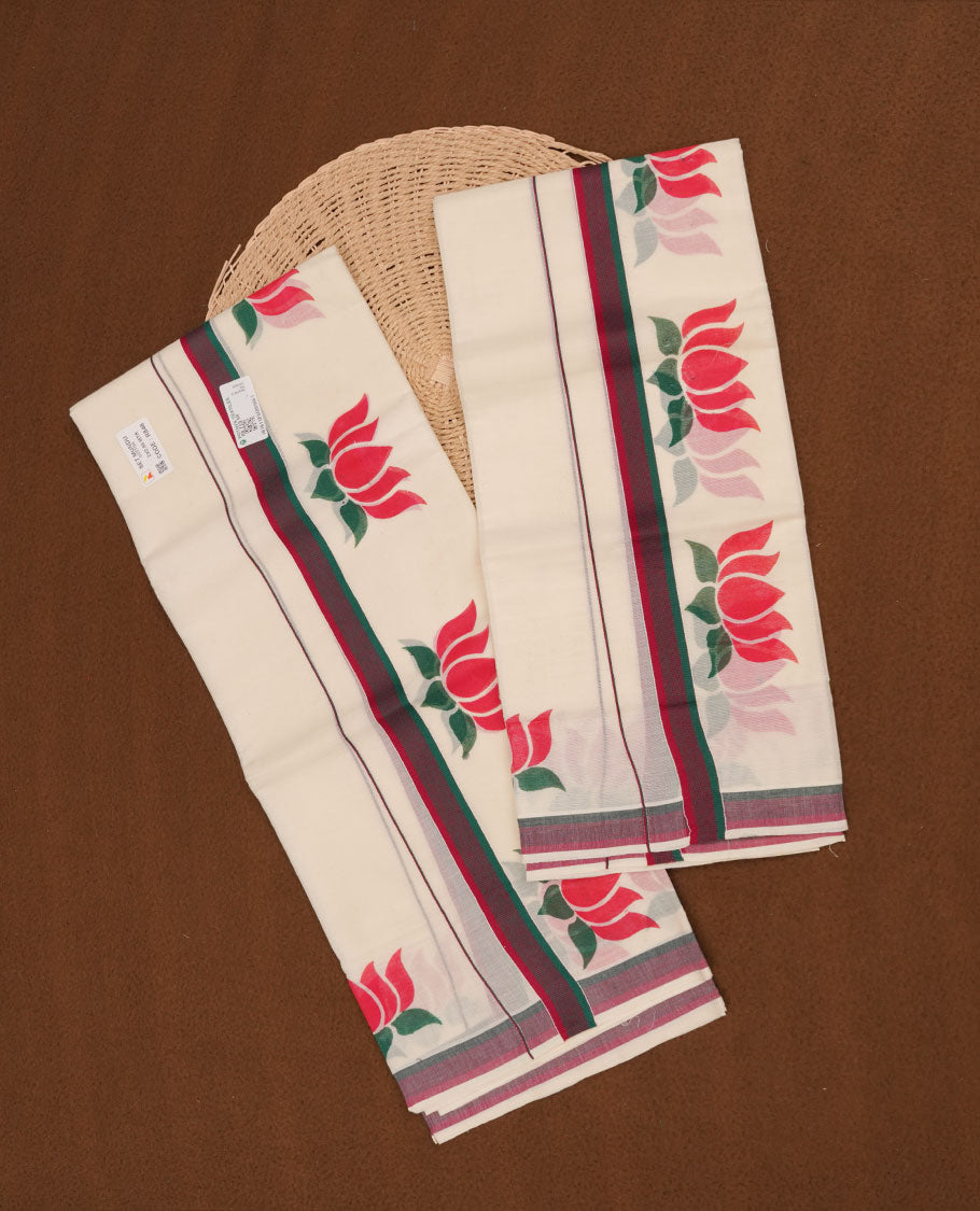 Off white colour cotton set mundu highlights red and green border featuring lotus print across border (2.00/2.80 MTS)