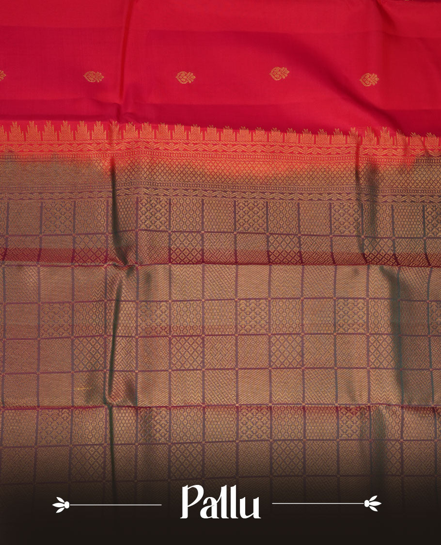 Reddish pink colour vasundhara silk saree featuring zari buttas on body, complemented by contrast green with zari border, paired with matching blouse piece.