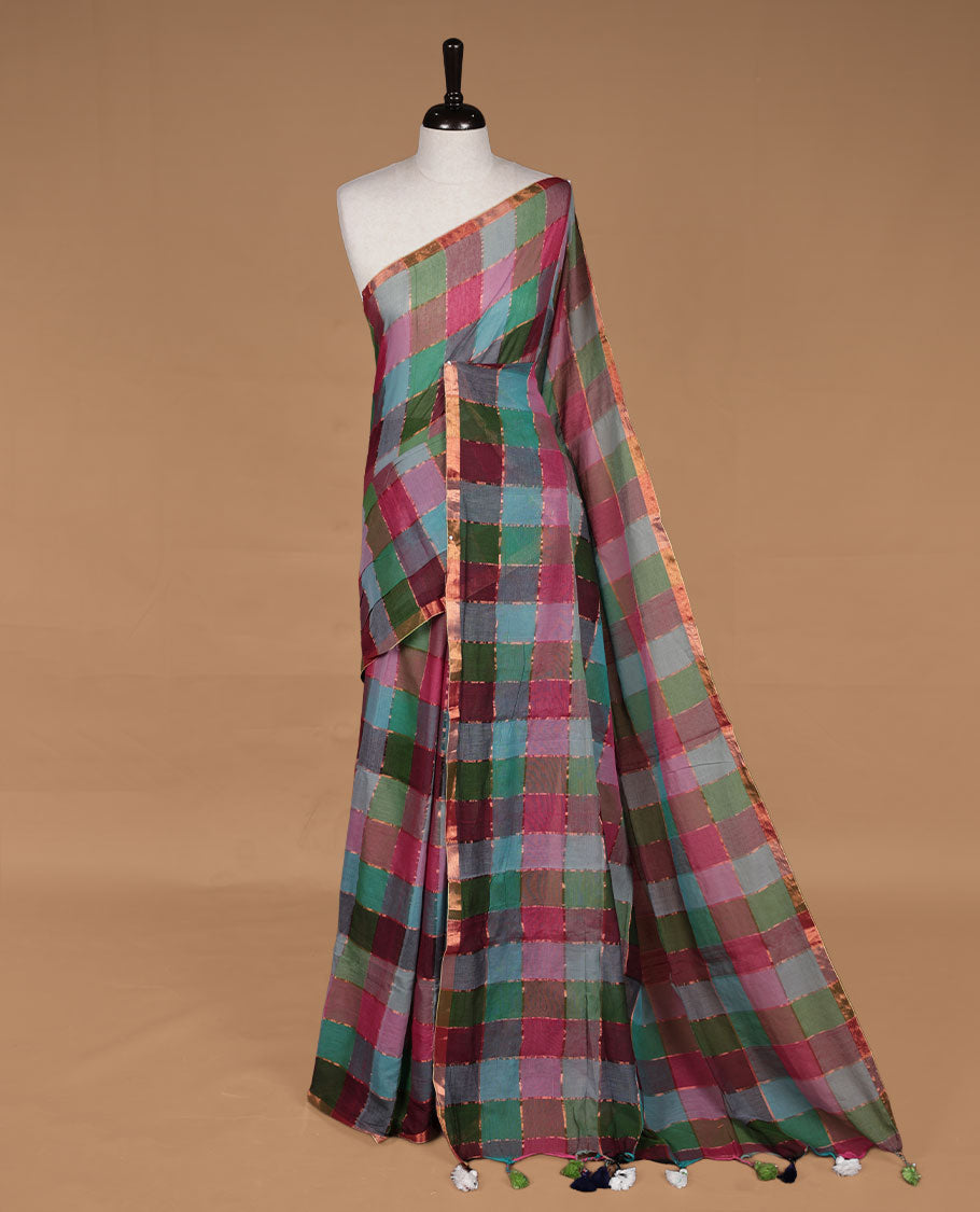 Green, Brown & Pink mul cotton saree featuring a vibrant multi colour check patterned, without blouse piece.