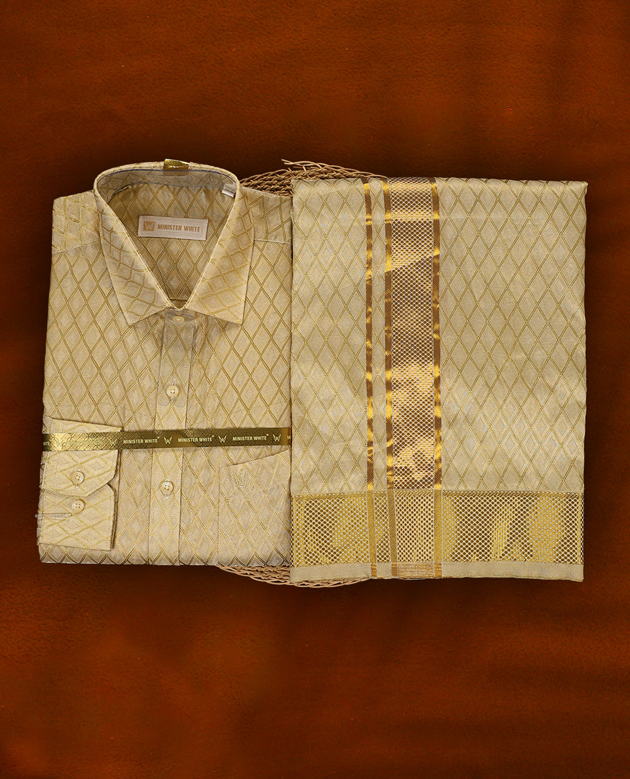 Fawn gold colour MINISTER WHITE jacquard silk shirt featuring an elegant diamond weave pattern, paired with a matching golden zari bordered dhoti, creating a rich and festive traditional ensemble.