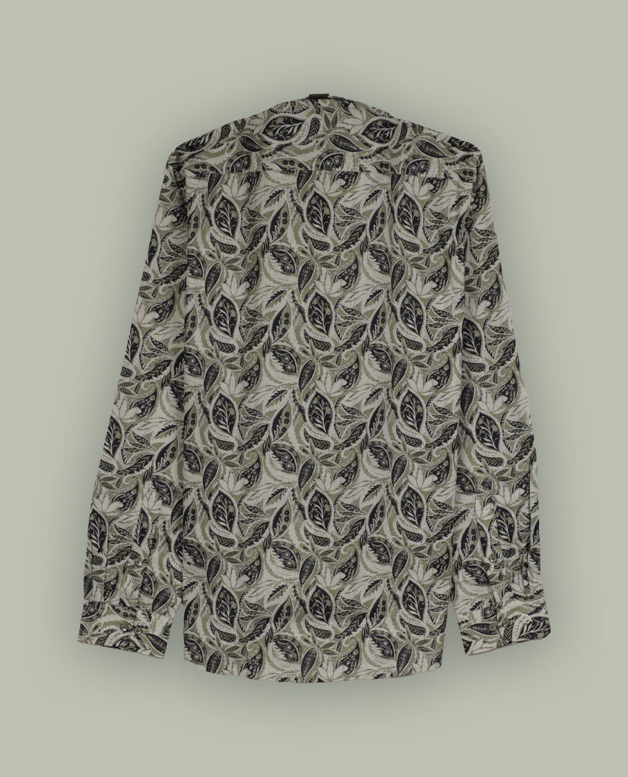 Olive green colour leaf printed full sleeve shirt featuring an all over hand drawn botanical design, Styled with a neat mandarin collar and button down front, offering a trendy and refreshing look.