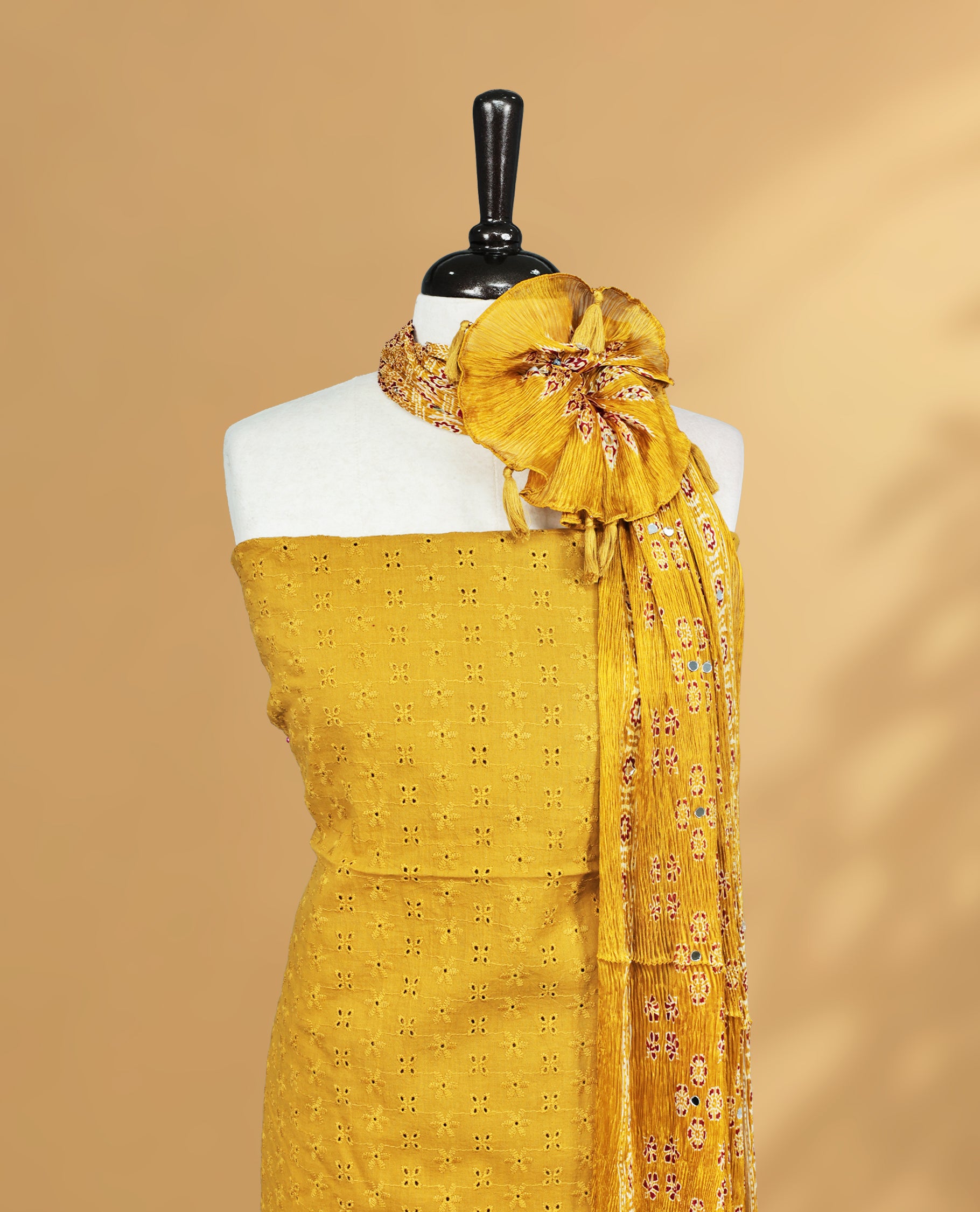 Mustard Colour Salwar Material Featuring Thread & Hokoda Body, Paired with matching bottom & Printed Design Dupatta.