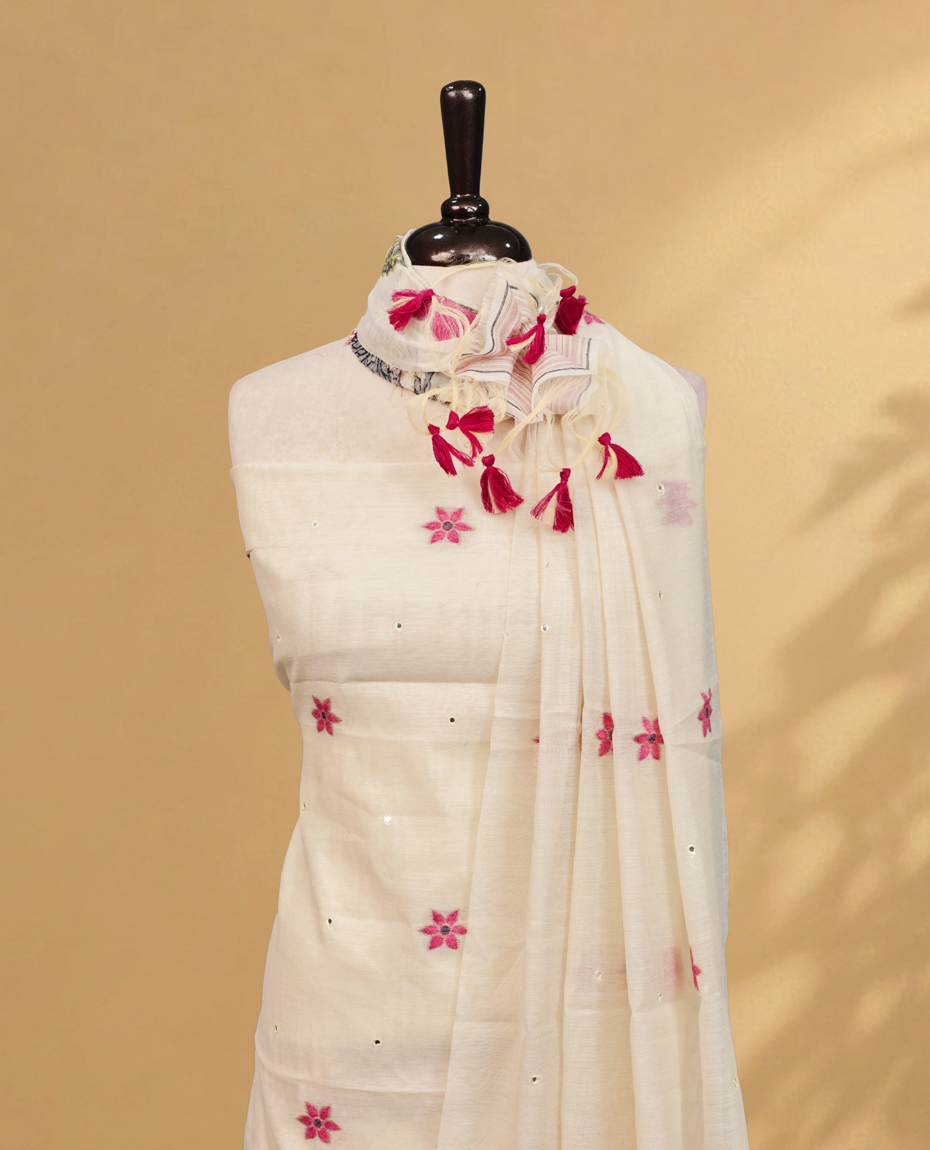 Cream colour salwar material Featuring Pink Colour Floral motifs on body, paired with matching bottom & Elegant Dupatta
