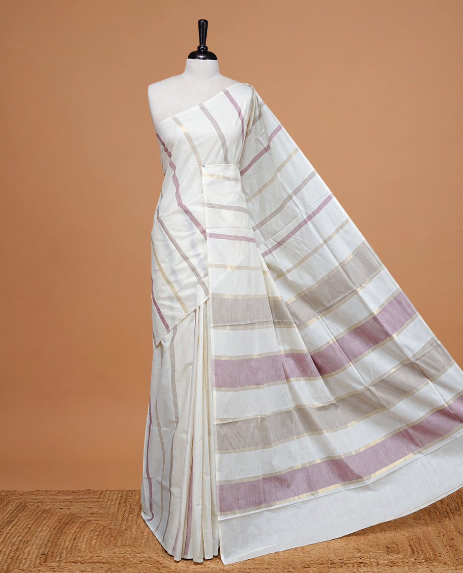 Cream Colour Cotton Kerala Saree Featuring Gray & Light Maroon On The Body & Pallu, Paired With A Matching Blouse Piece.