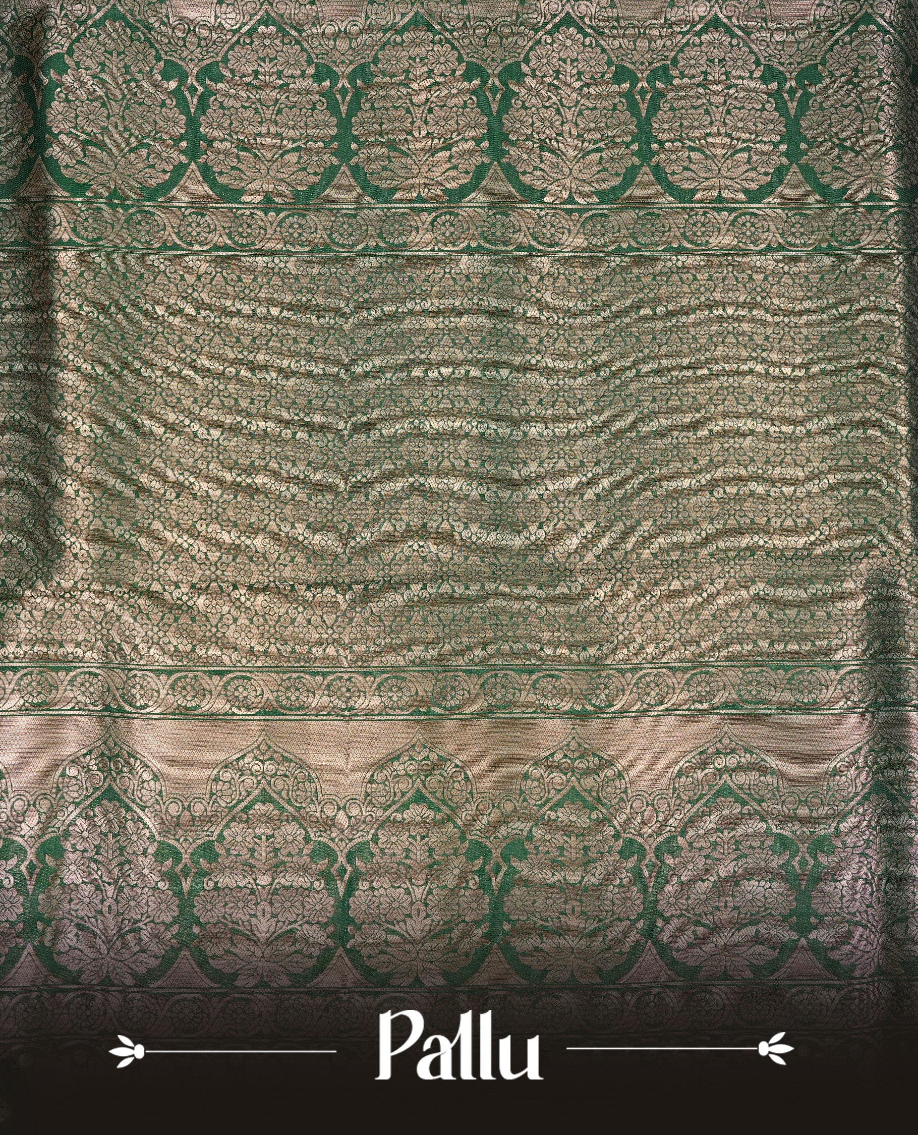 Bottle Green Colour Softie Silk Saree Featuring An All Over Gold Woven Leaf Pattern, Finished With A Matching Border Adorned With Intricate Paisley And Floral Motifs, Paired With A Matching Blouse Piece.