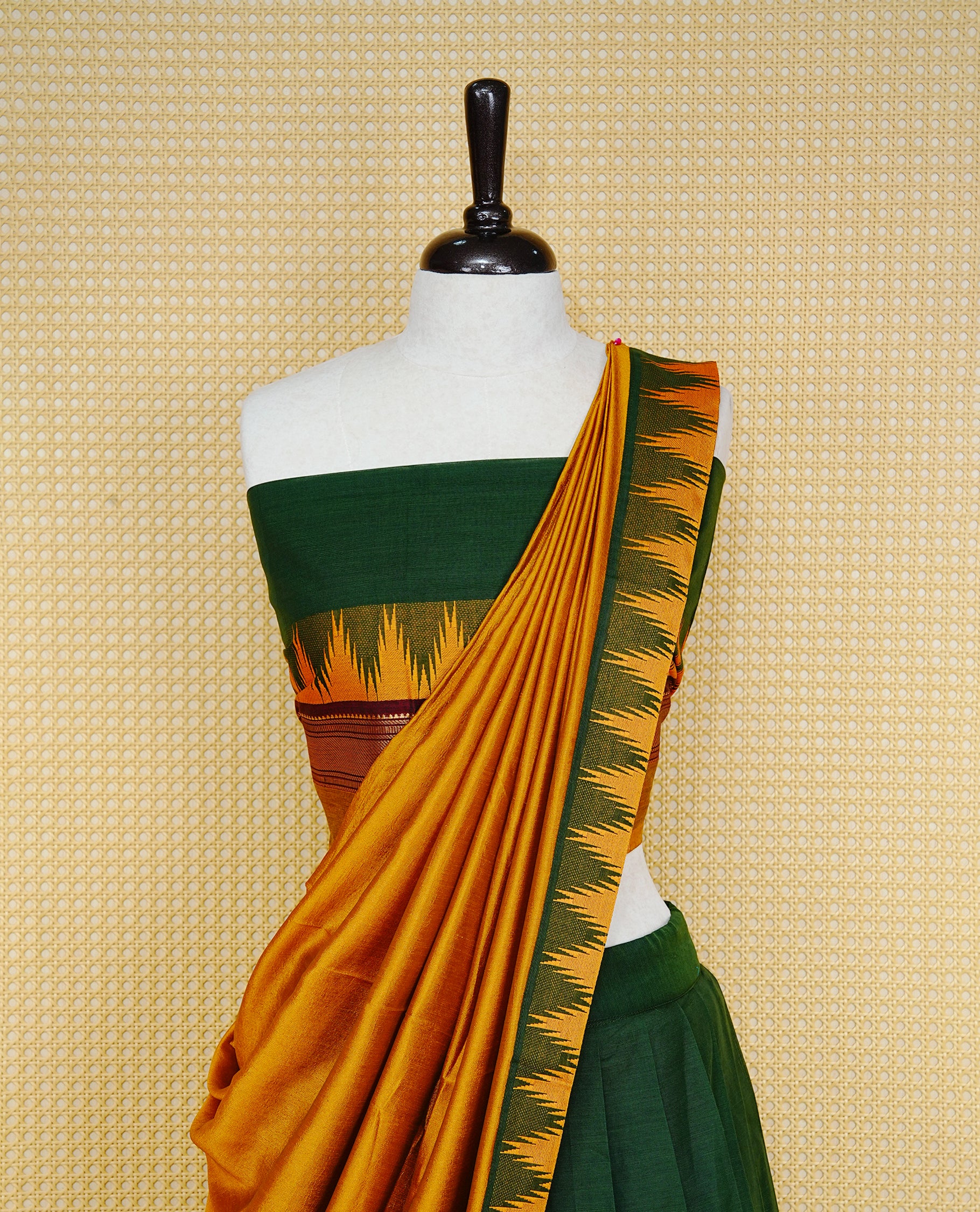 Green colour Semi Stitched Dhavni set Featuring Green Skirt With Contrast Mustard colour with Zari border, paired with UnStitched Blouse & Elegant Dupatta.