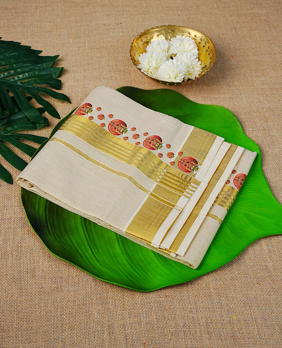 Cream Colour Tissue Double Dhoti Finished With A Classic Golden Kasav & Indian art forms Digital print.
