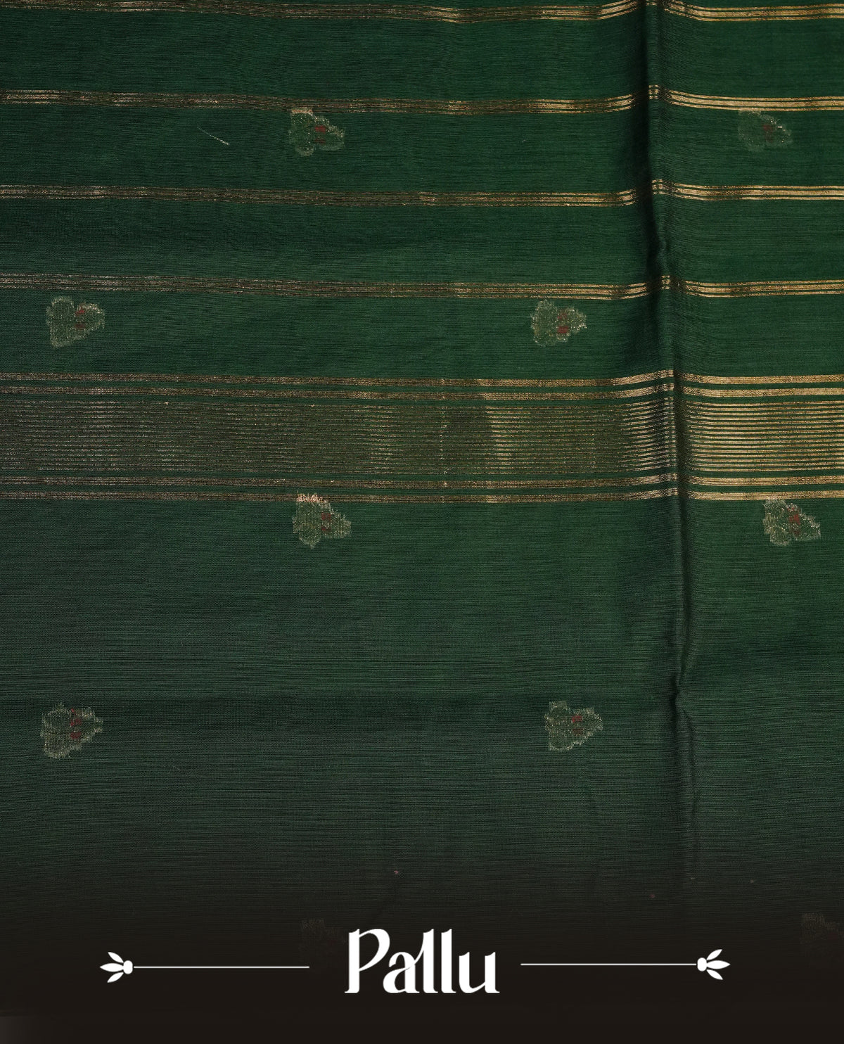 Dark green colour Maheshwari cotton saree, gold zari floral motifs on body, complement pink colour gold zari border comes with matching blouse.