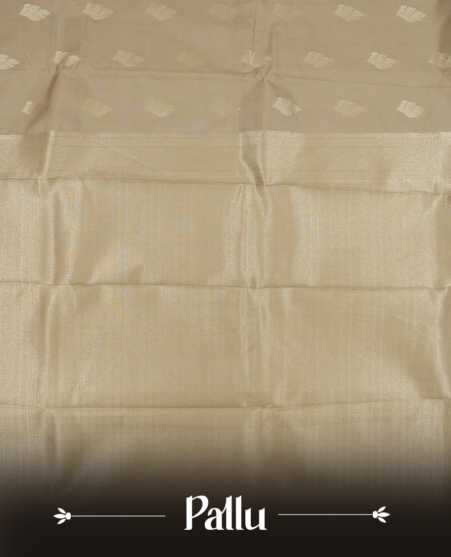 Agreeable gray colour semi soft silk saree featuring a gold Leaf textured patterned body, complemented by gold traditional tiny diamond pattern pallu & border and a matching blouse piece.