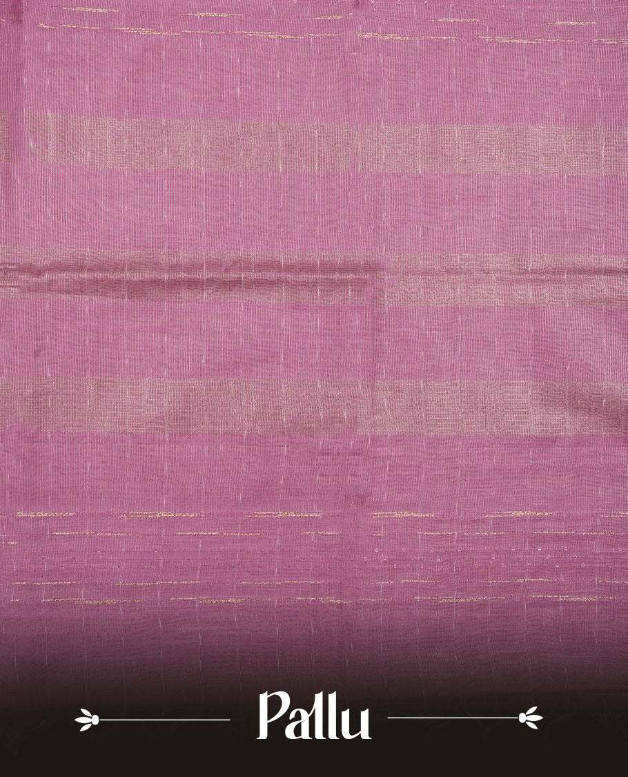 Pink colour semi jute saree highlighting gold zari striped body, without border and paired with matching blouse.